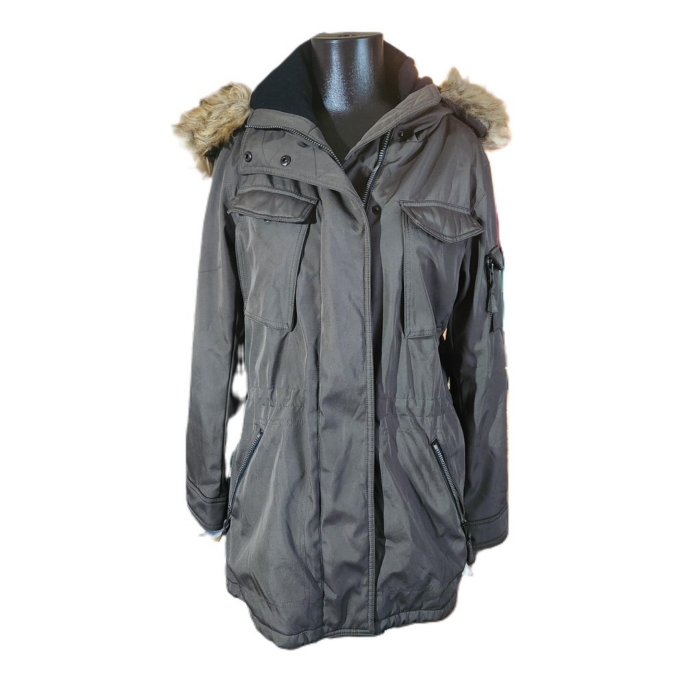 S13 Women's Green Hooded Fur Trim Parka Jacket Medium